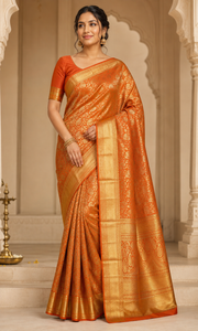 Orange Semi silk Kanjeevaram Saree