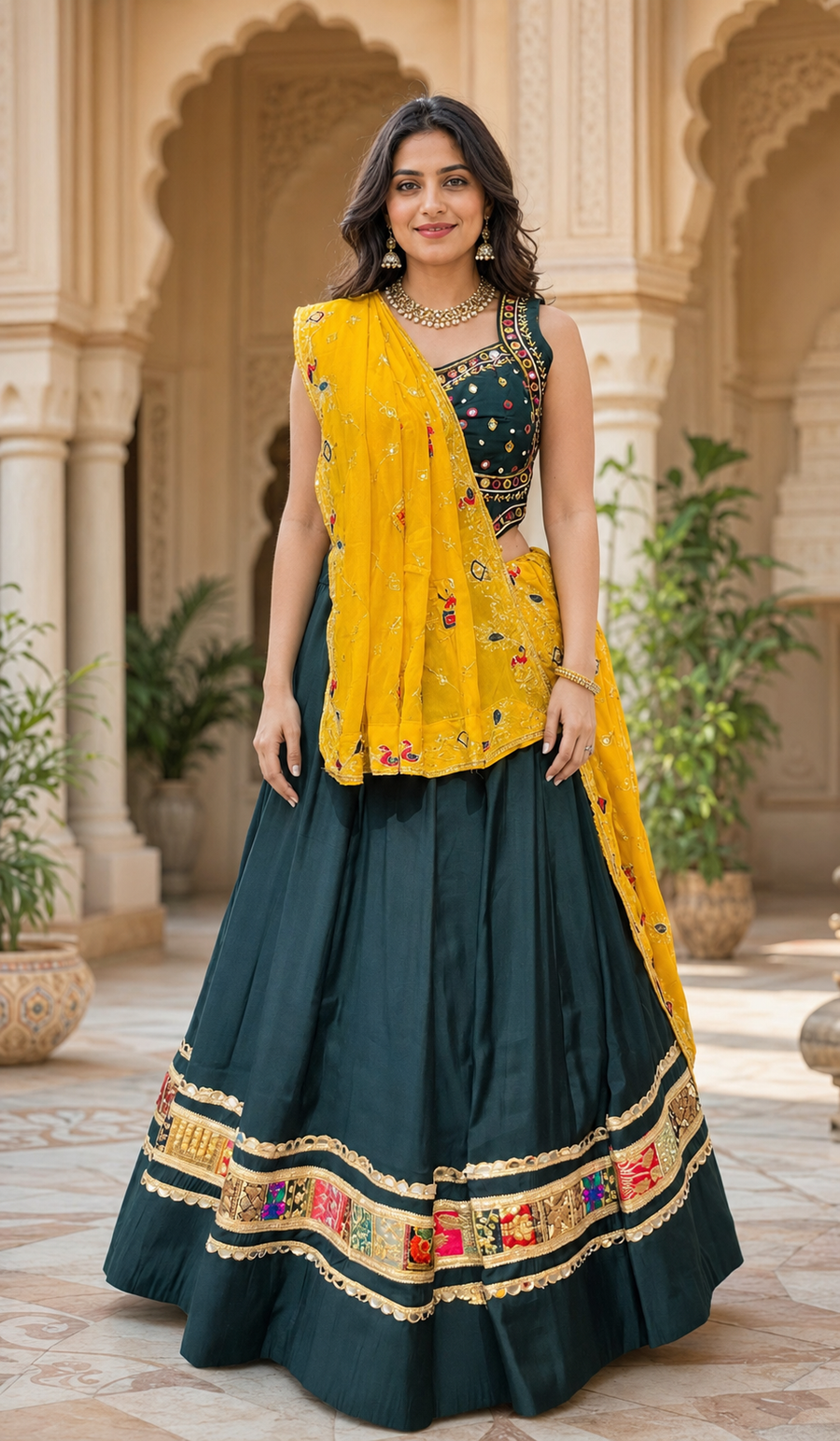 Women’s Teal Blue Garba Silk Chaniya Choli with Mirrors
