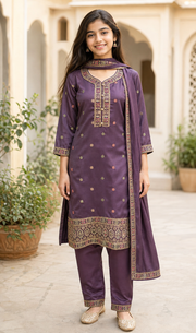 Teenage Girls Purple Embroidered Kurti Set