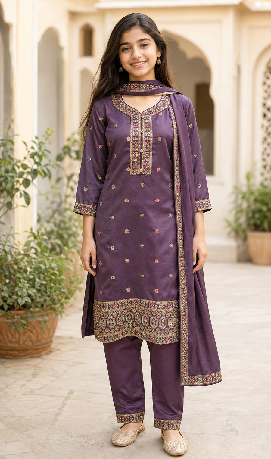 Teenage Girls Purple Embroidered Kurti Set