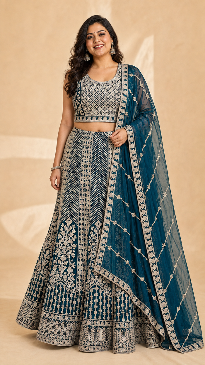Women’s Teal Blue Heavy Work Lehenga Set – Plus Size