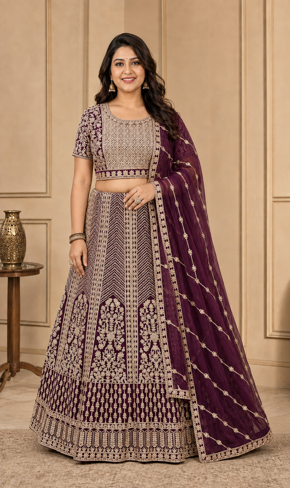 Plus Size Wine Heavy Work Lehenga sets