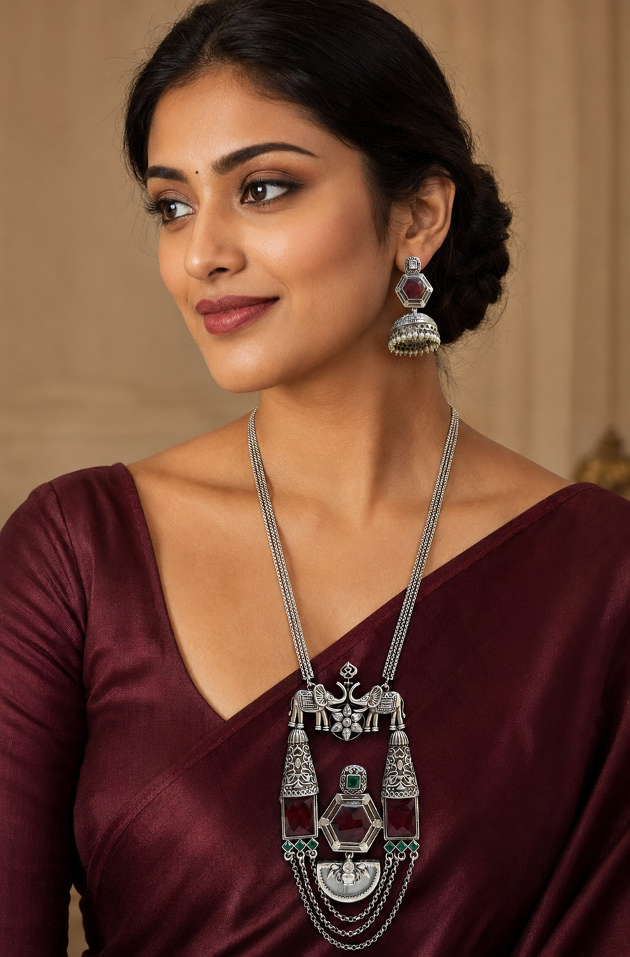 German Silver Long Necklace Chain with Multicolor Stone Pendant - Jewelry - Necklace Set - Anandi Fashions