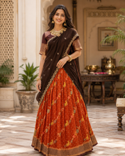 Rust Orange Benarasi Half Saree/ Lehenga set