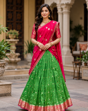 Adults Green & Pink Benarasi Half Saree/Lehenga set