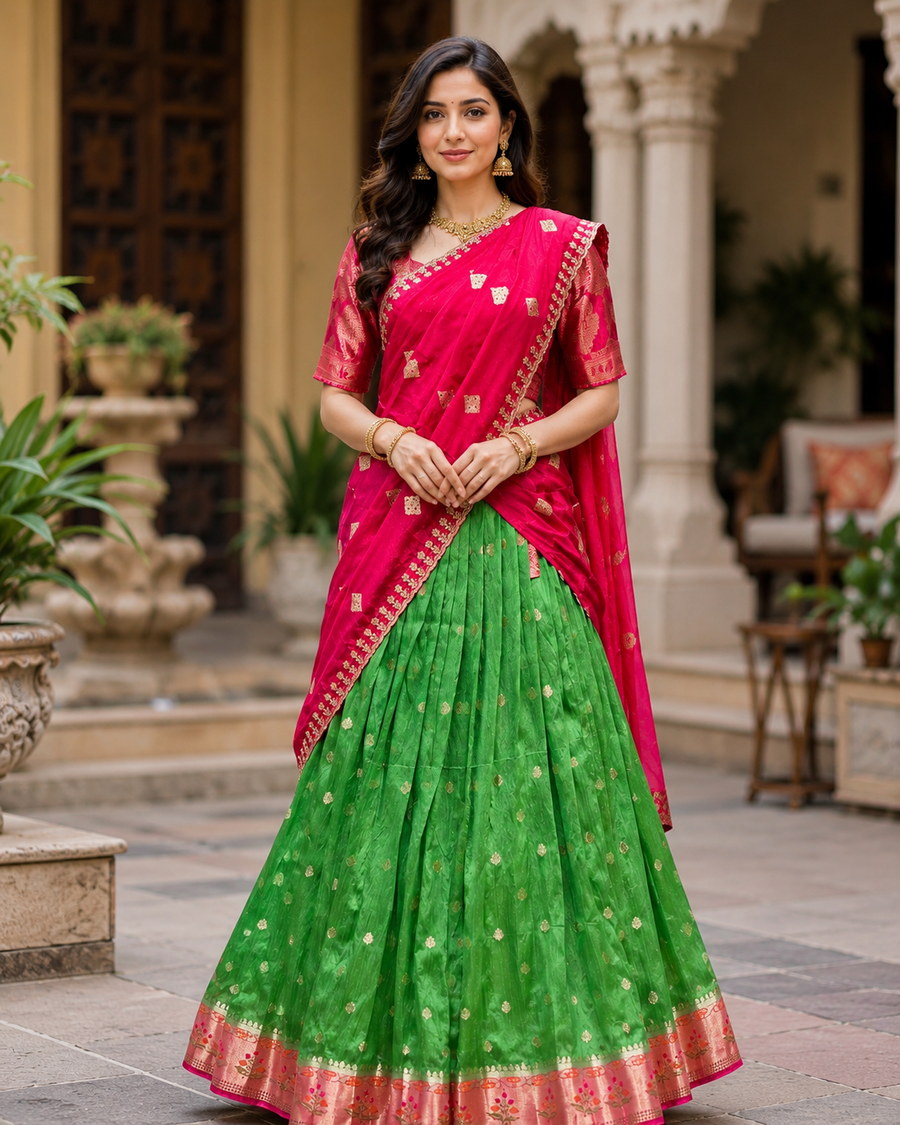 Adults Green & Pink Benarasi Half Saree/Lehenga set