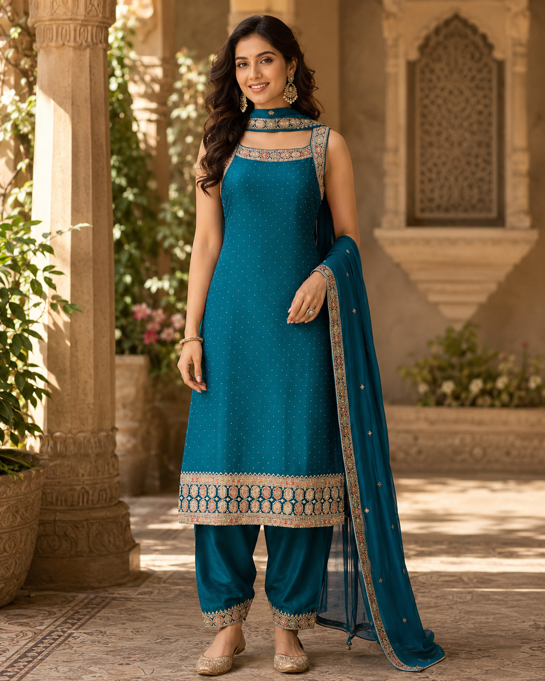 Women’s Blue Party Wear Sleeveless Kurti Set