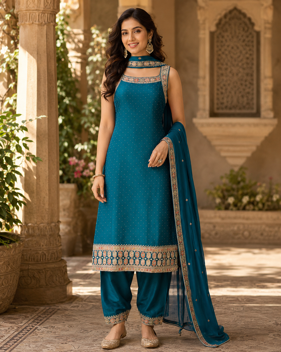 Women’s Blue Party Wear Sleeveless Kurti Set