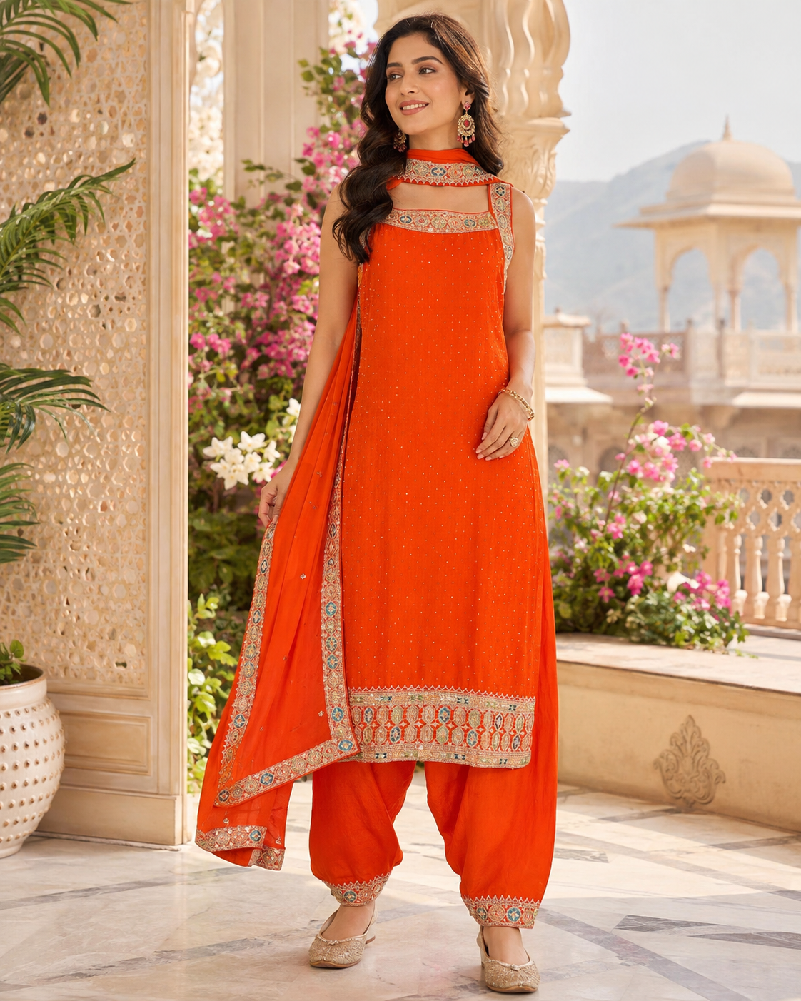 Women’s Orange Party Wear Sleeveless Kurti Set