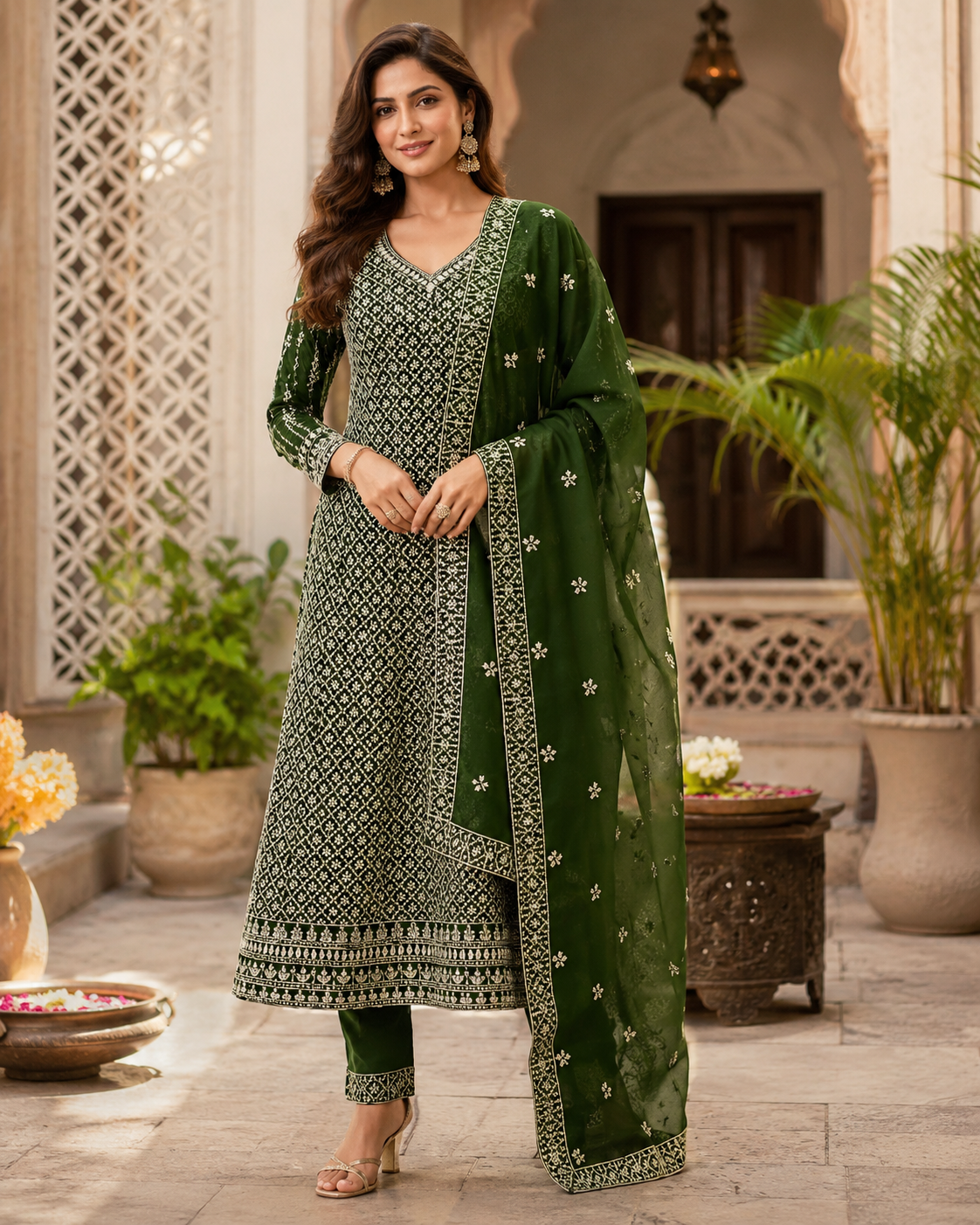 Plus Size Green Georgette Anarkali Kurti set-size 46
