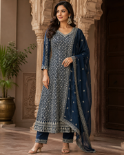 Women’s Teal Blue Georgette Anarkali Kurti Set – Size 44