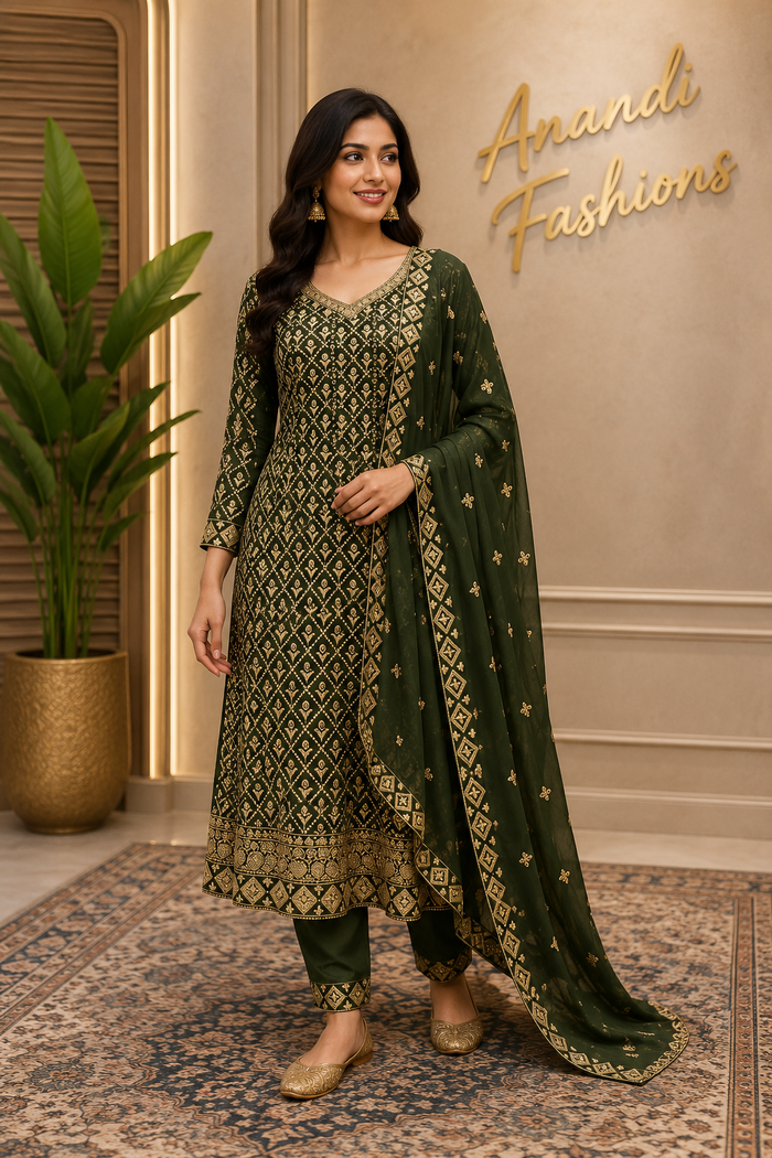 Women’s Green Georgette Anarkali Party Wear Kurti Set