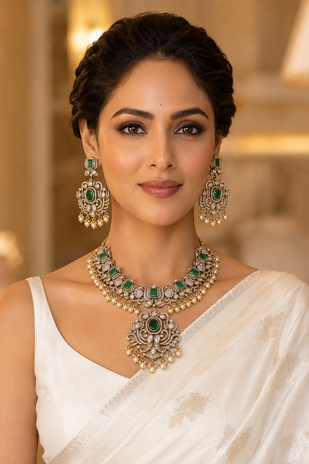 Heavy Victorian Finish Kundan Necklace set with Mint Green Stones