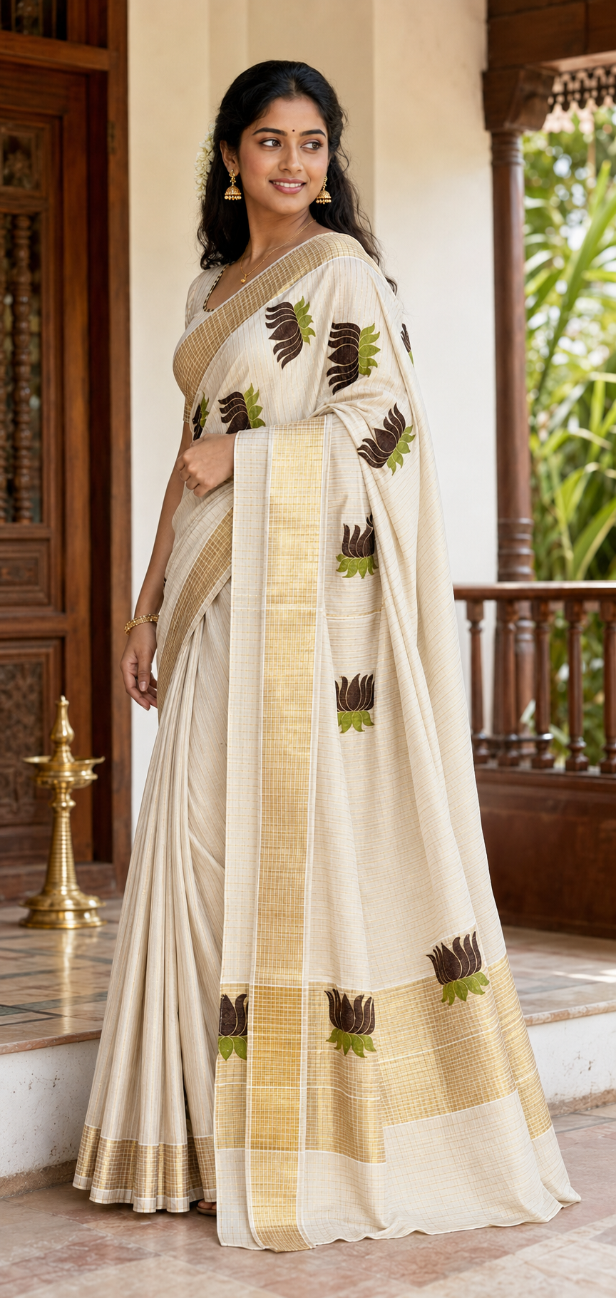 A woman wearing a cream-colored saree with gold zari borders and brown and green floral motifs, standing in a traditional indoor setting with wooden railings and a lamp.