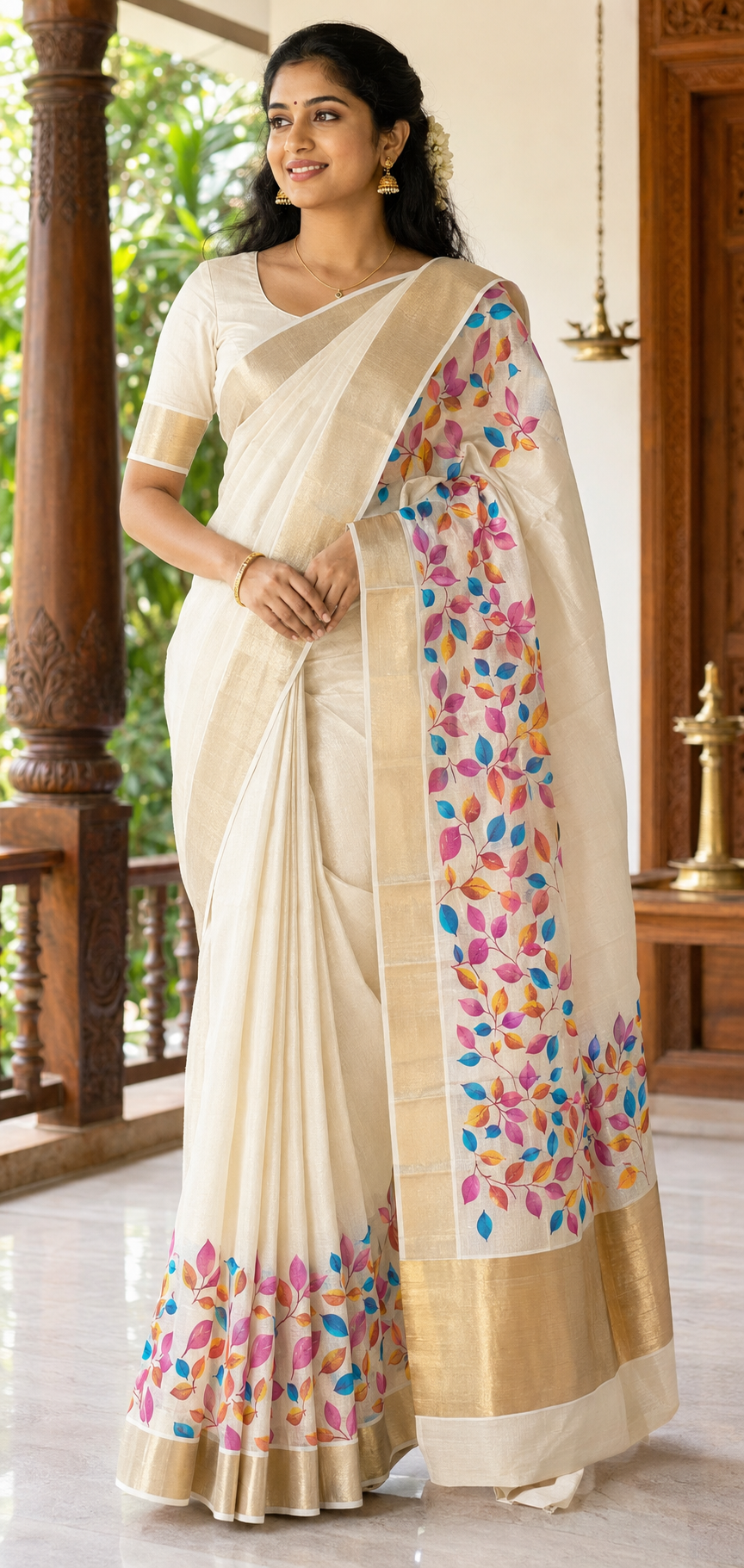 A woman modeling a cream-colored silk saree with colorful floral embroidery and a gold border, standing in a traditional indoor setting with wooden pillars.