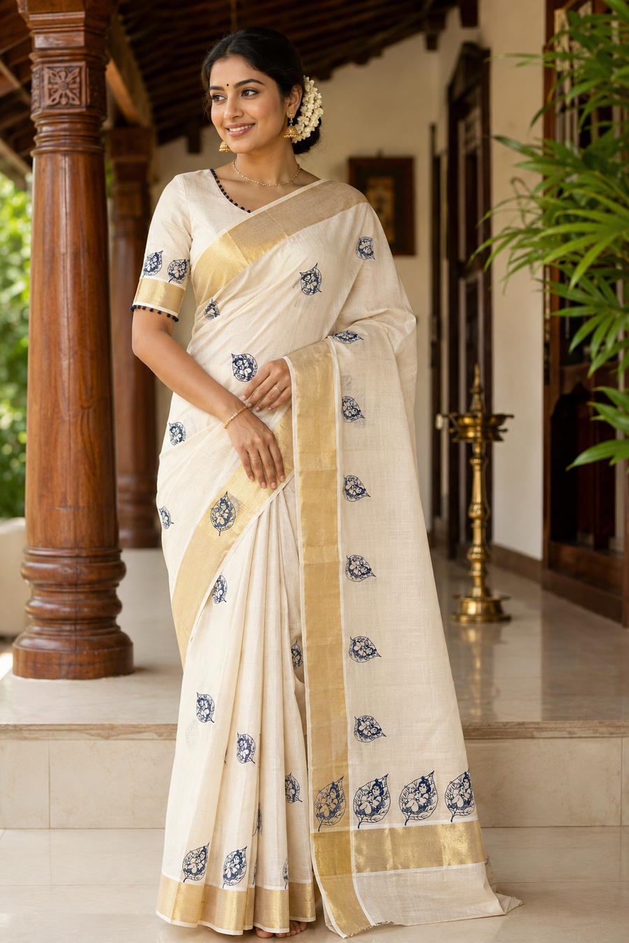 A woman wearing a cream-colored cotton saree with blue floral embroidery and a gold border, standing on a tiled porch with wooden pillars.