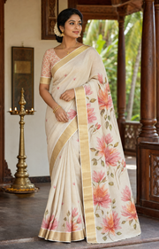 A woman models a cream-colored saree with pink floral prints and gold borders in a traditional indoor setting with wooden pillars.