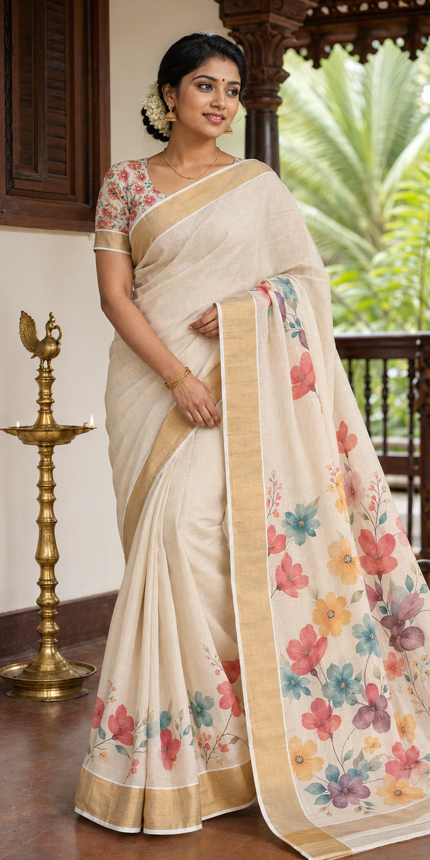 A woman wearing a cream-colored saree with a floral print and gold border, standing in a traditional indoor setting with a brass lamp and greenery in the background.