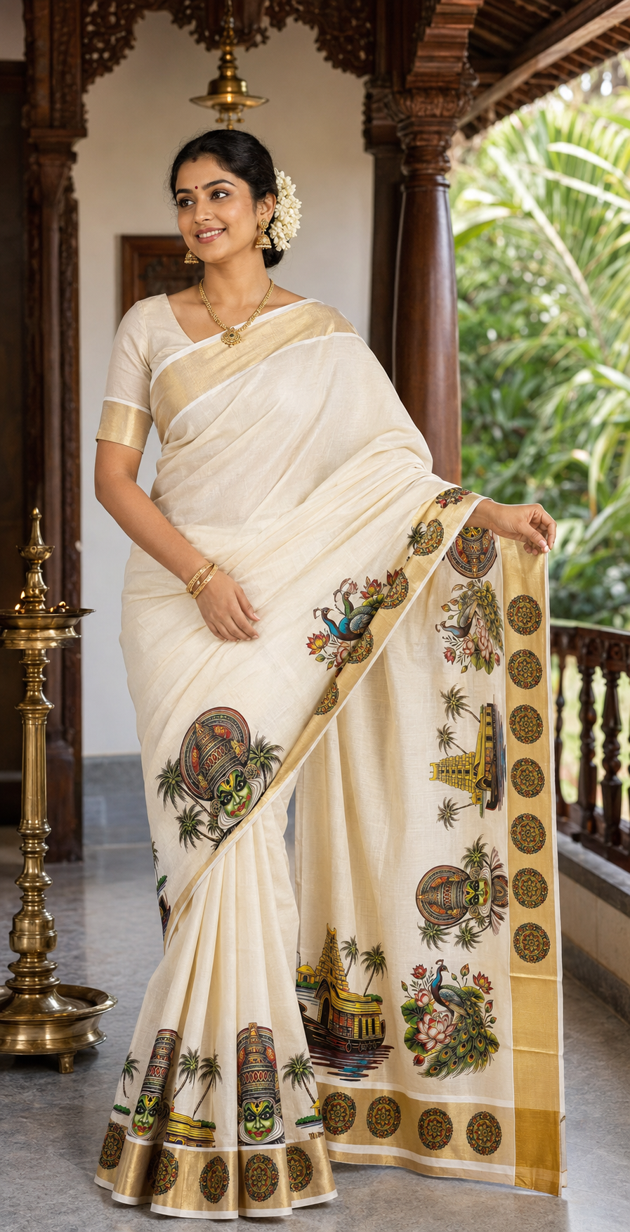 A woman models a cream-colored cotton saree with gold zari borders and colorful traditional prints, standing in a traditional courtyard setting.