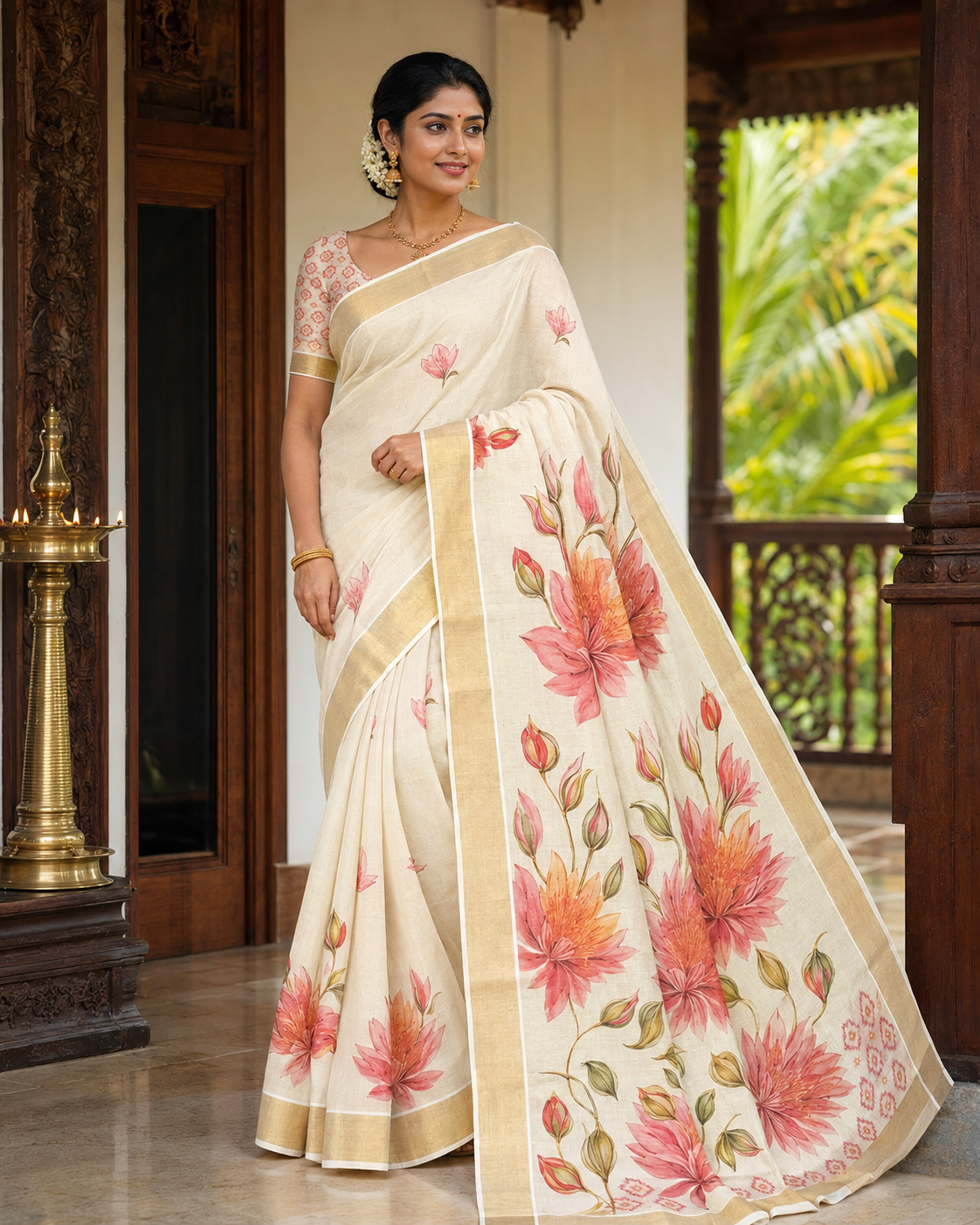 A woman wearing a cream-colored saree with pink and orange floral prints and beige borders, standing in a traditional indoor setting with wooden pillars and a green garden view.