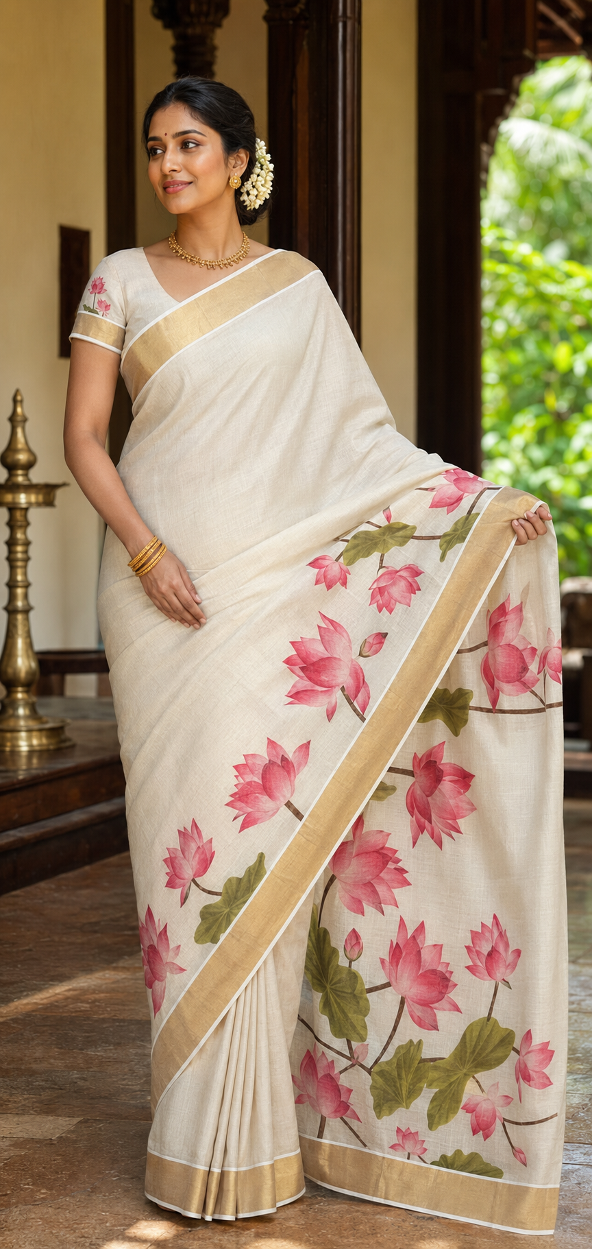 A woman models a cream-colored saree with a pink lotus floral print and gold borders, standing in a traditional indoor setting with wooden pillars.