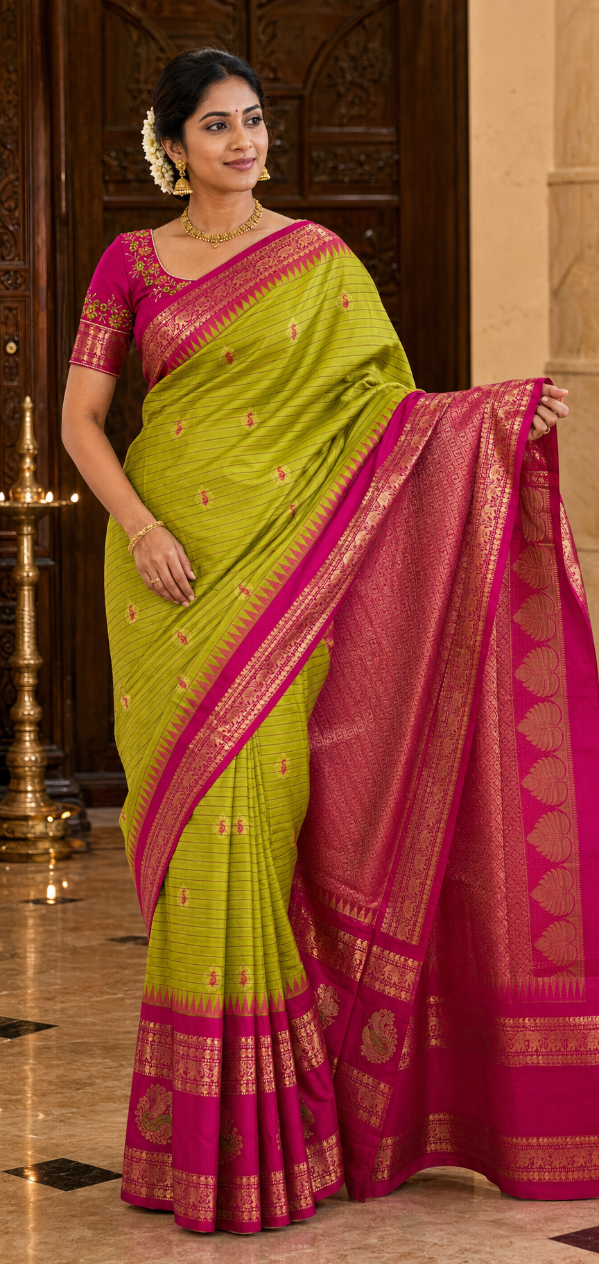 A woman models a vibrant lime green and magenta pink silk saree with intricate gold zari embroidery, standing in an indoor setting with a dark wooden door in the background.