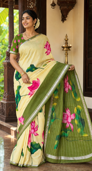 A woman wearing a traditional Indian saree with a light yellow body, green border, and pink lotus floral print, standing in front of a traditional house doorway.