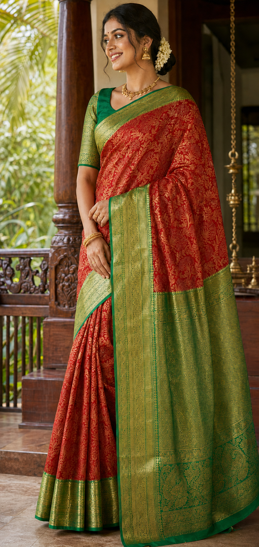 A woman wearing a red and green silk saree with a green blouse, standing on a traditional wooden porch with green foliage in the background.