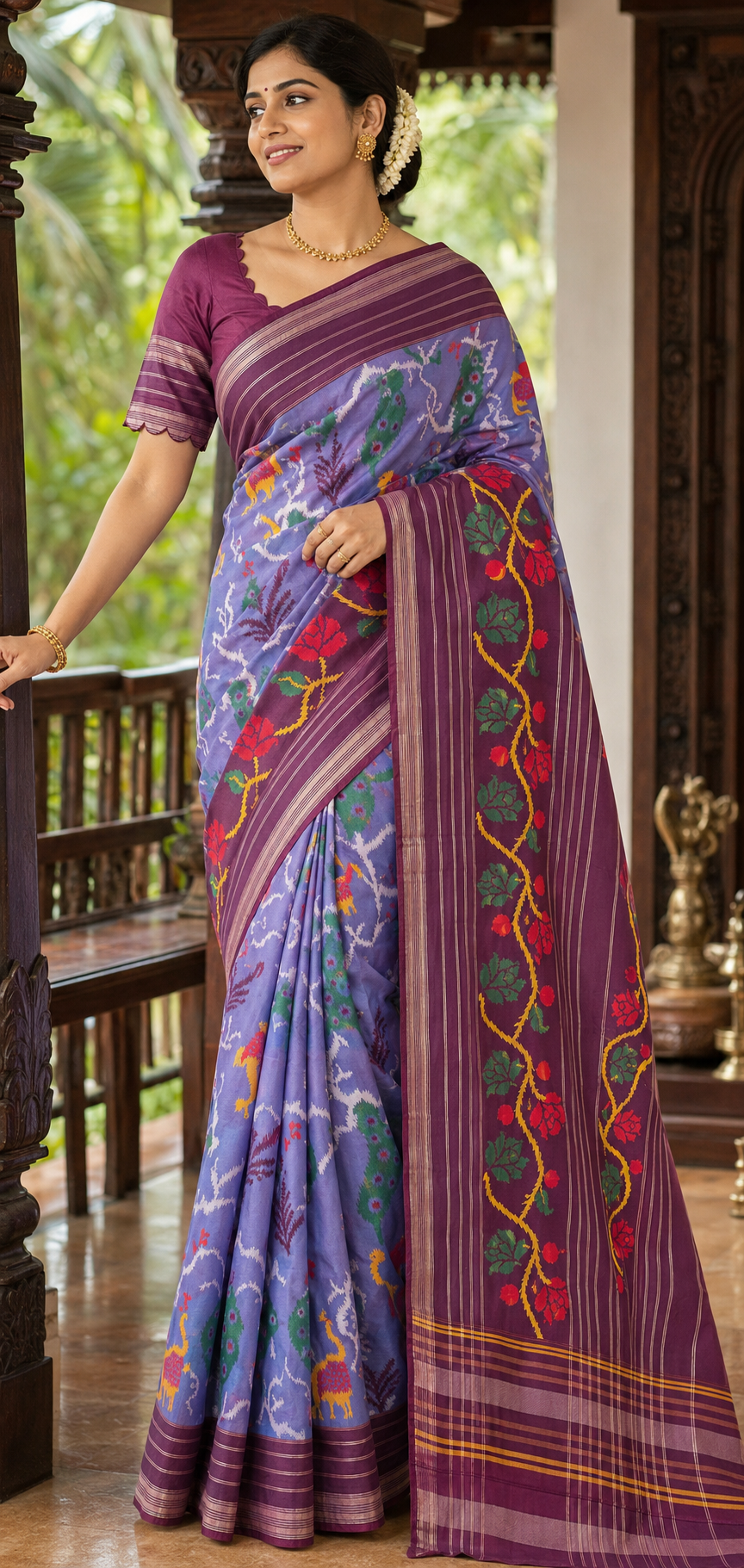 A woman models a purple and blue patterned silk saree with a matching purple blouse in a traditional indoor setting with wooden pillars.