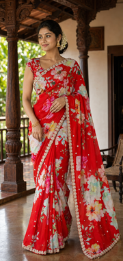 A woman wearing a bright red floral saree with a matching embroidered blouse, standing on a traditional wooden porch with carved pillars and greenery in the background.