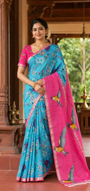 Mangalagiri Silk Digital Print Bird Design Handloom Saree with Stitched blouse