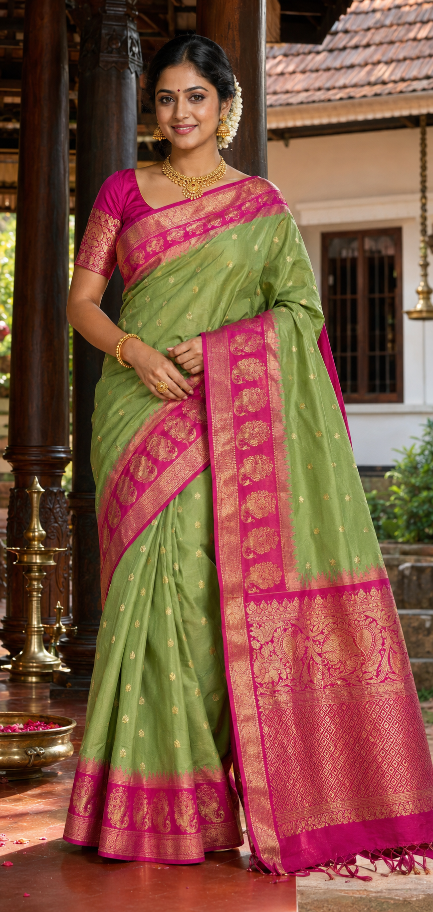 Green & Pink Combination Semi Gadwal Silk Saree with Stitched Blouse