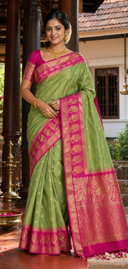Green & Pink Combination Semi Gadwal Silk Saree with Stitched Blouse