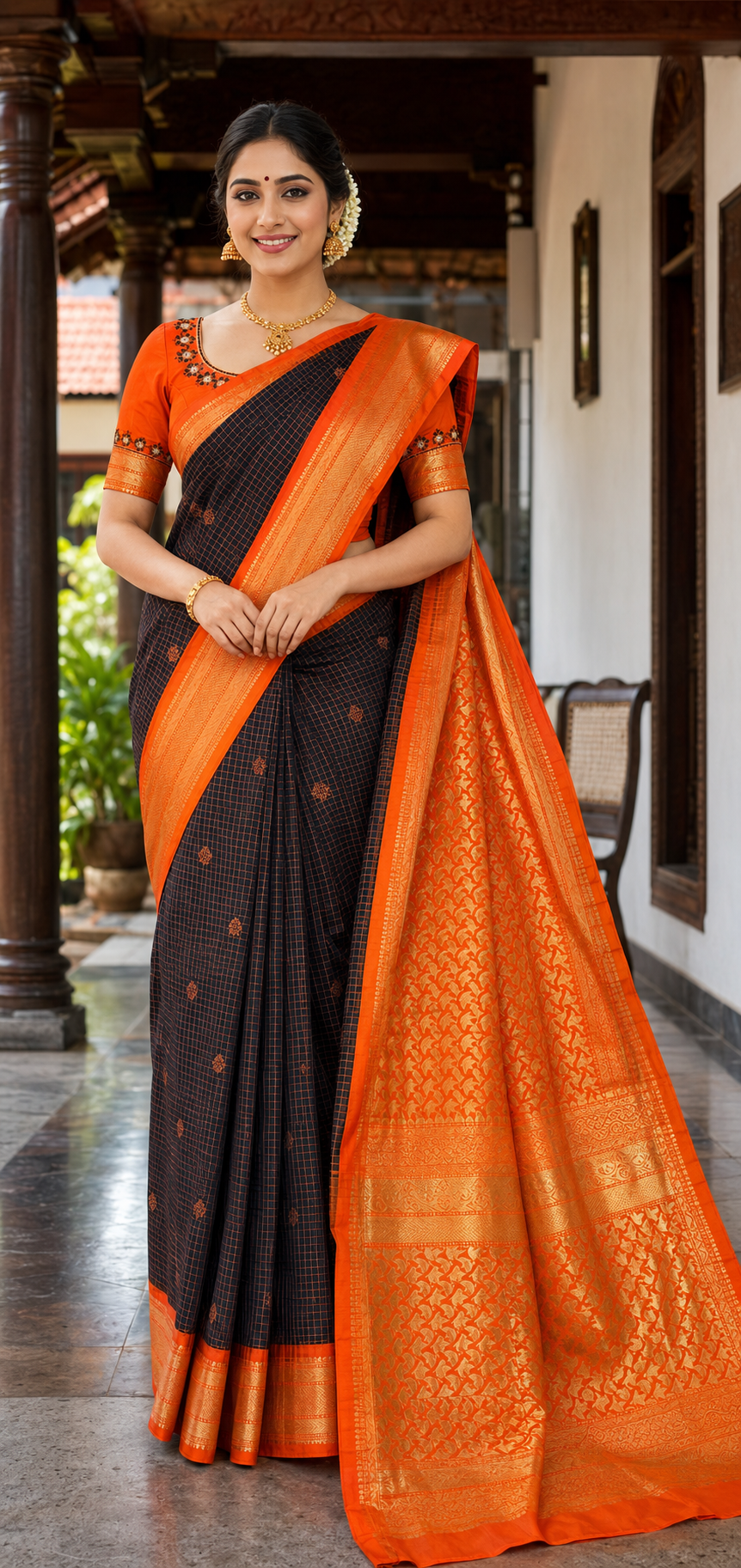 Semi Gadwal Black Checks Saree with Stitched Blouse