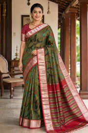 Green Digital Print Mangalagiri Handloom Silk Saree with Stitched Blouse