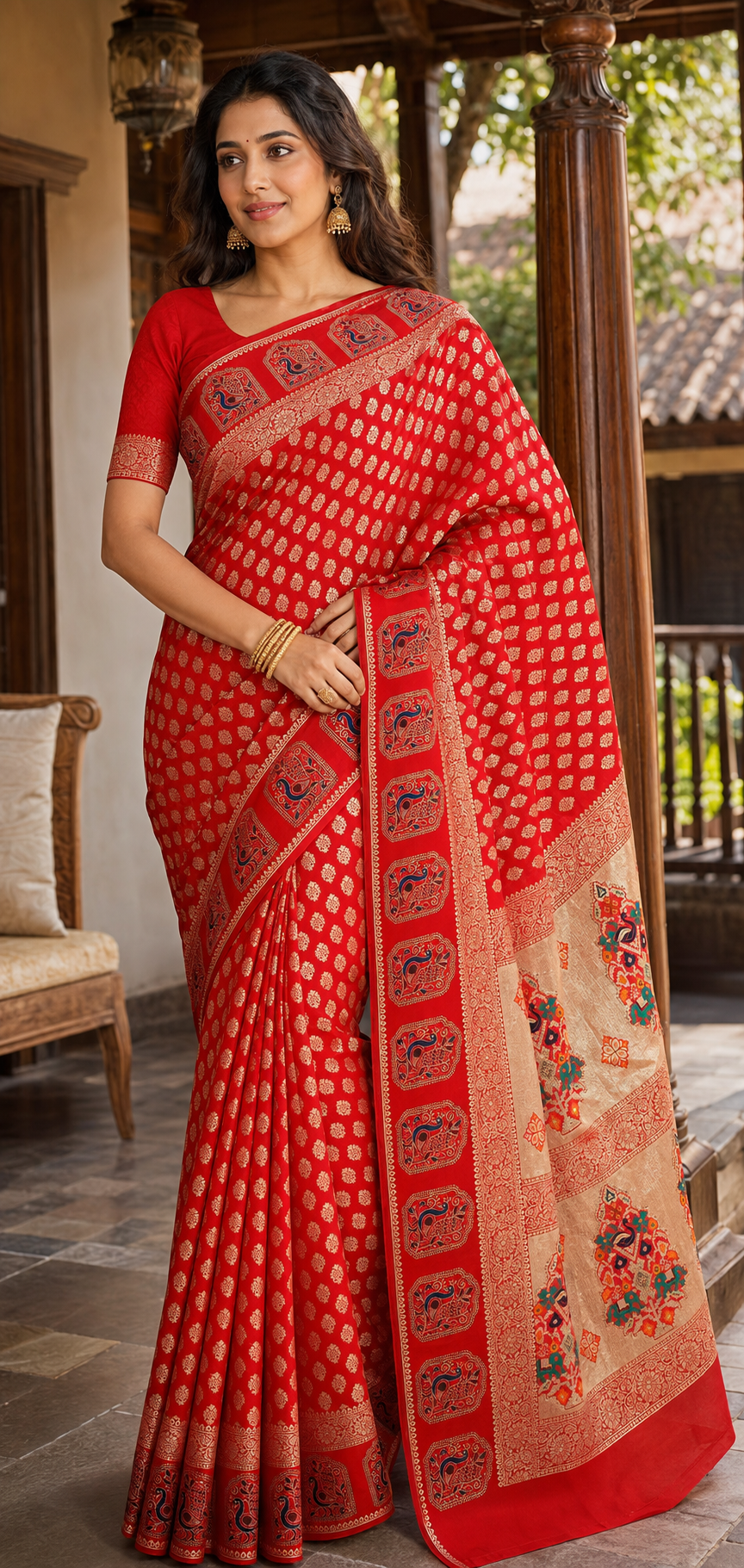 Mirchi Red Benarasi with Peacock Embroidery Traditional Design Saree