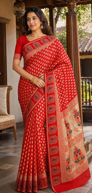 Mirchi Red Benarasi with Peacock Embroidery Traditional Design Saree