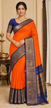 Orange Mangalagiri Silk Pure Handloom Saree with Stitched Blouse