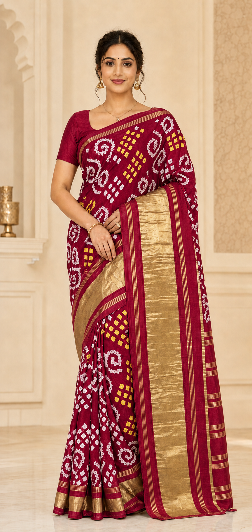 Maroon Bhandhini Gajji Silk Traditional Bandhani Tie Dye Saree