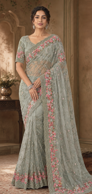 Net Heavy Embroidery Intricate Work Elegant Saree