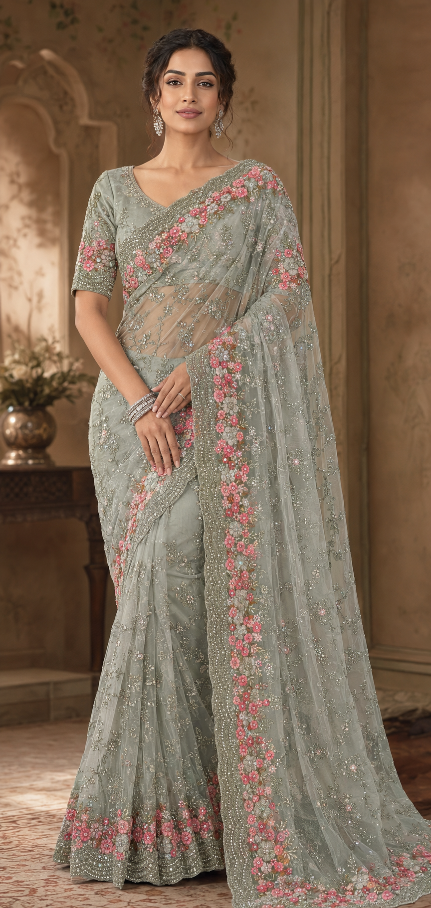 Net Heavy Embroidery Intricate Work Elegant Saree