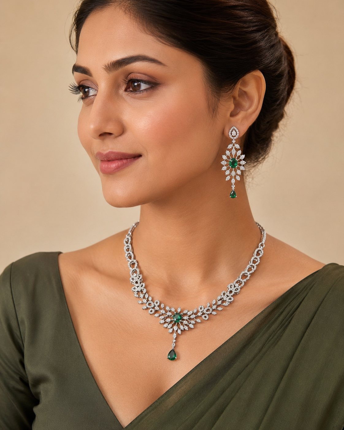 Silver Finish Necklace Set with Emerald Stone - Jewelry - Necklace Set - Anandi Fashions