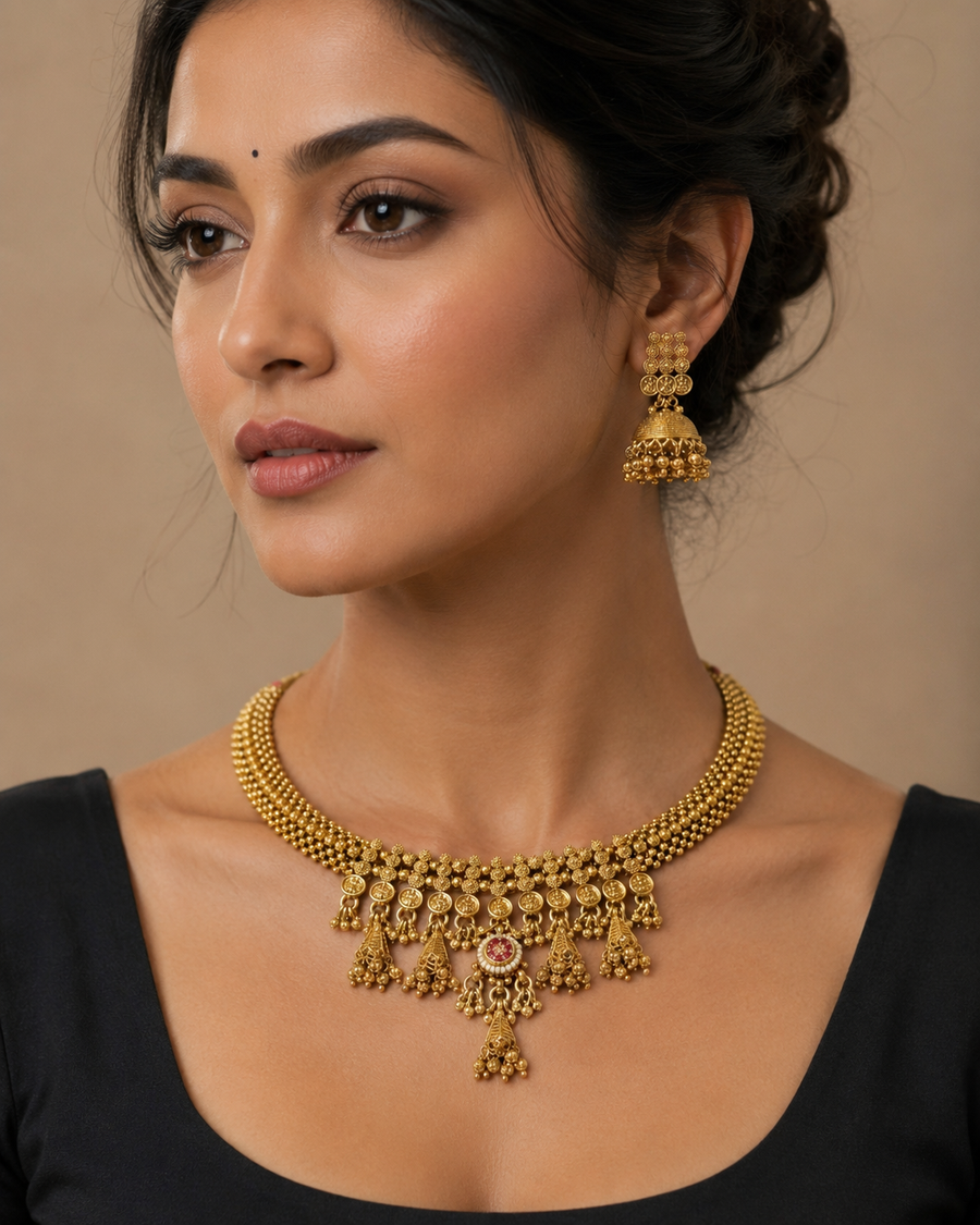 Thusi Necklace Set With Lakshmi Coin Design