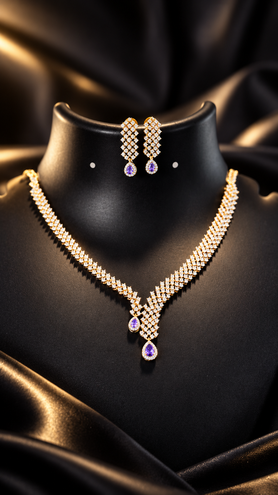 Designer CZ Necklace set with Purpke stone - Jewelry - Necklace Set - Anandi Fashions