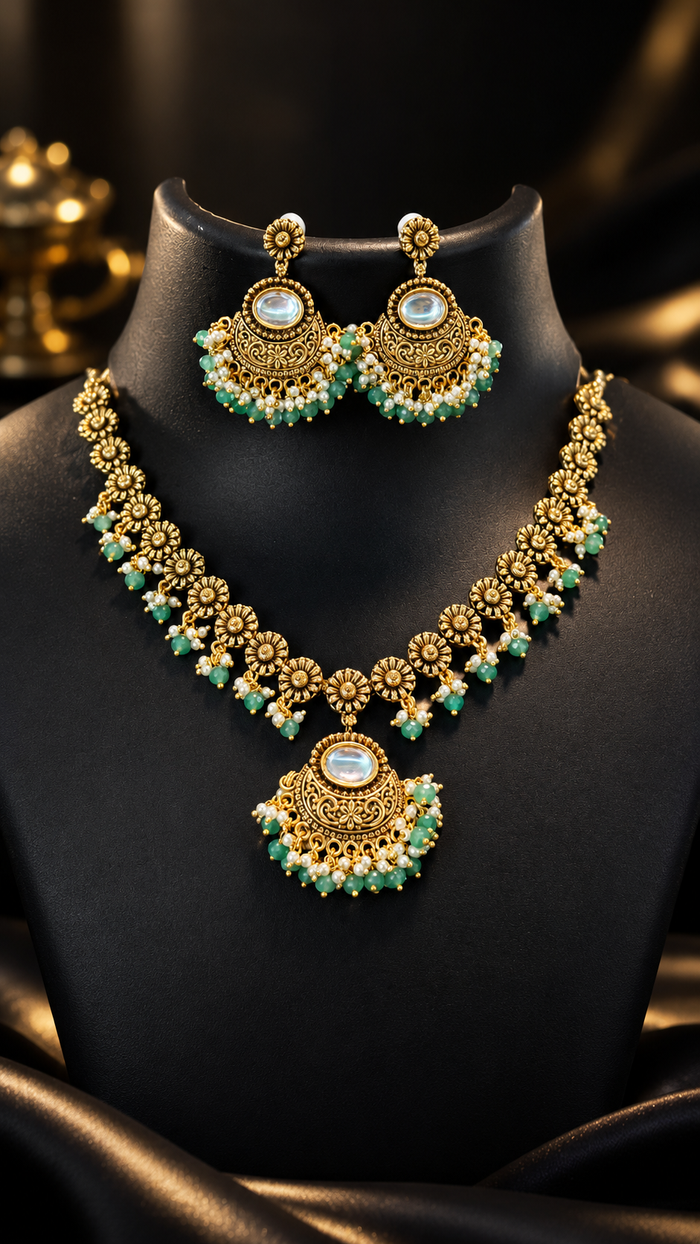 Antique Finish Necklace set with Kundan