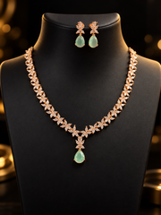 CZ Rose Gold Necklace set with Mint Green Stone - Jewelry - Necklace Set - Anandi Fashions