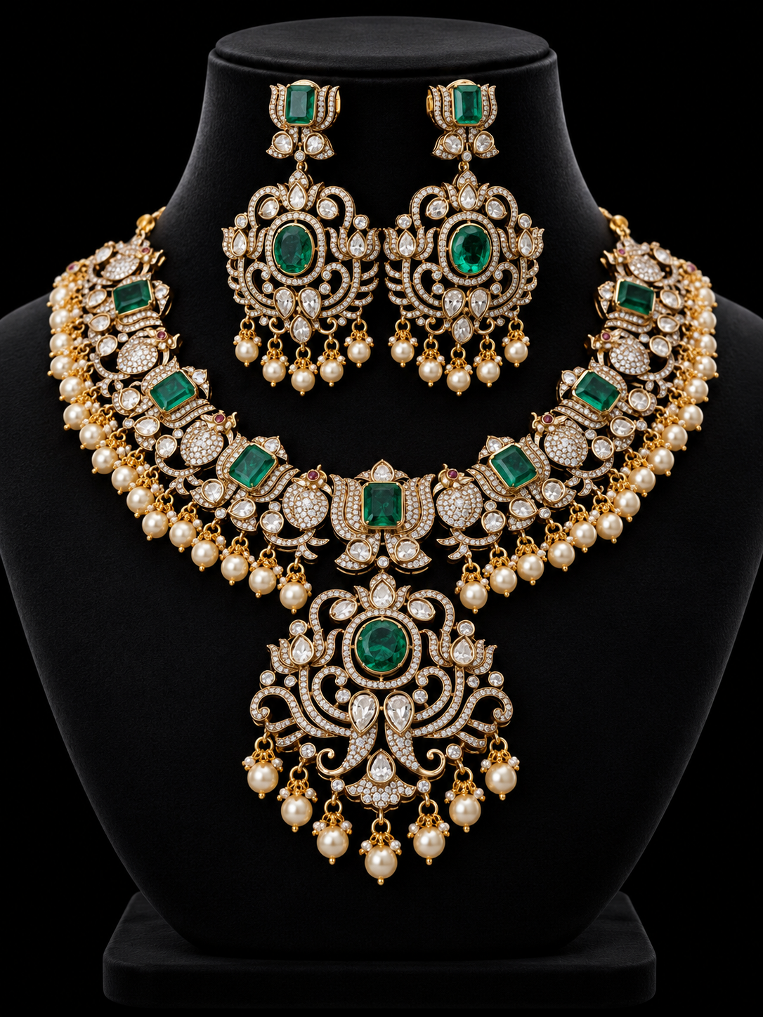 Heavy Victorian Finish Kundan Necklace Set with Mint Green Stones