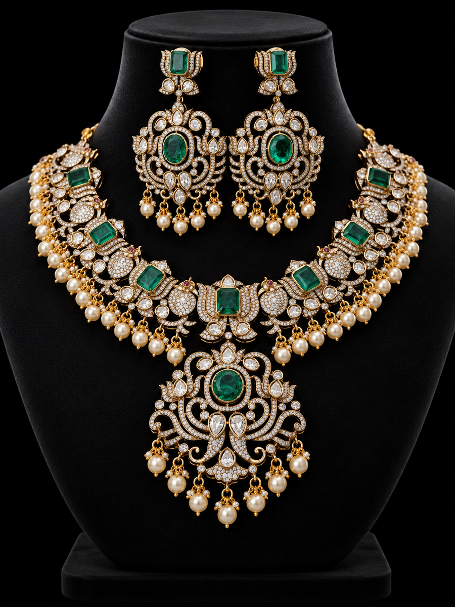 Heavy Victorian Finish Kundan Necklace Set with Mint Green Stones