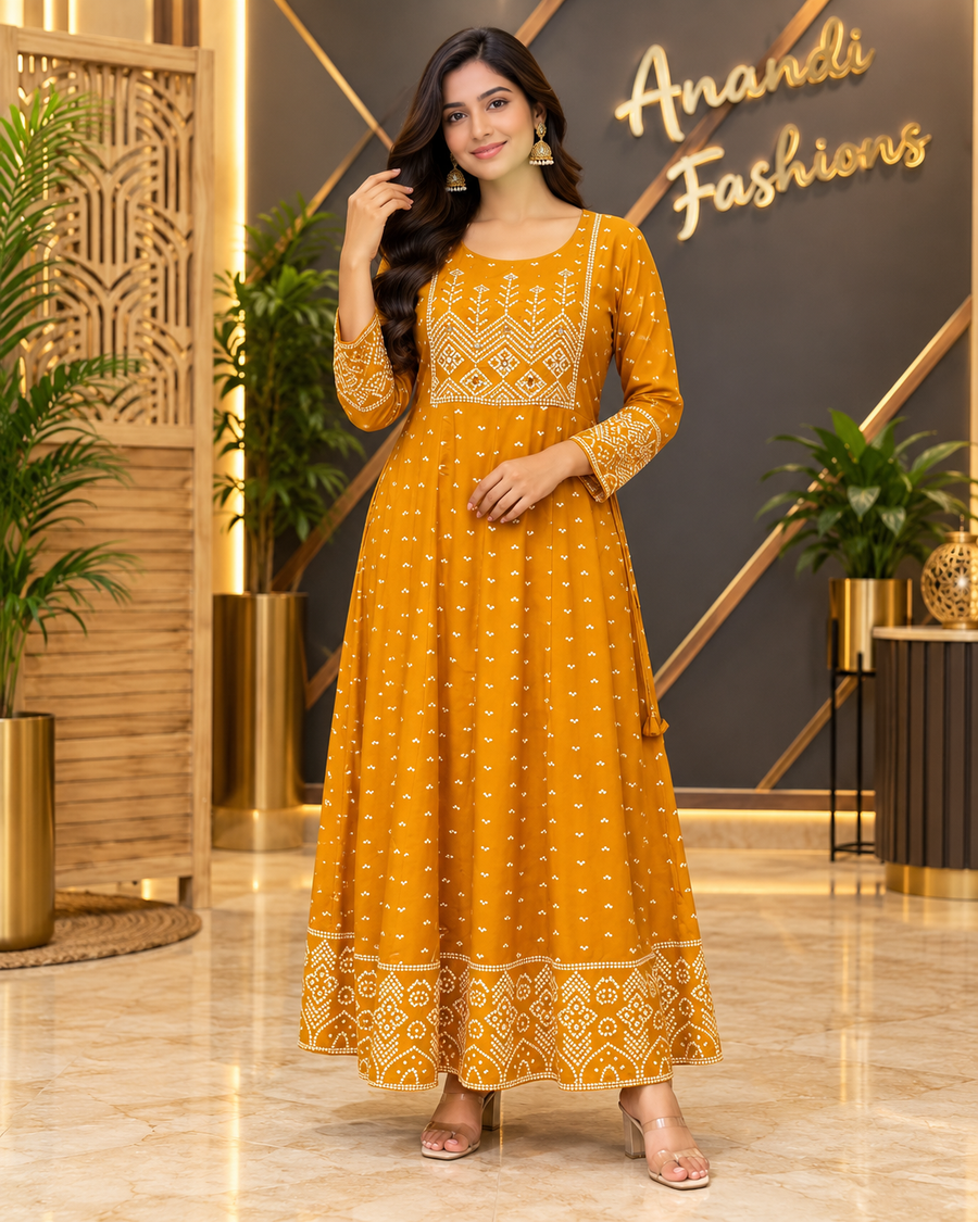 Women's Mustard Yellow Plus Size Long Anarkali Kurti