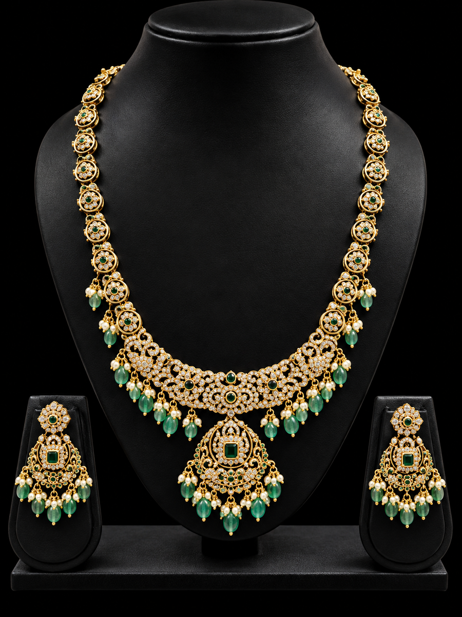 Antique Finish CZ Work Long Haram Necklace Set